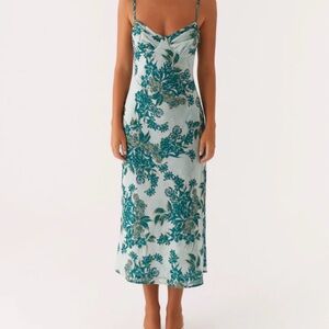 Peppermayo Teal Floral Slip Midi Dress on Light Blue